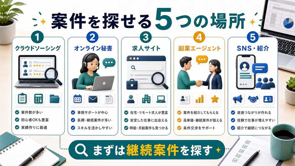 AI事務代行案件を探せる5つの場所を説明する図解
