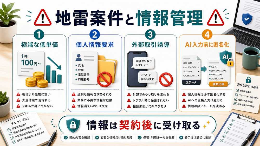 AI事務代行の地雷案件と情報管理の注意点を説明する図解