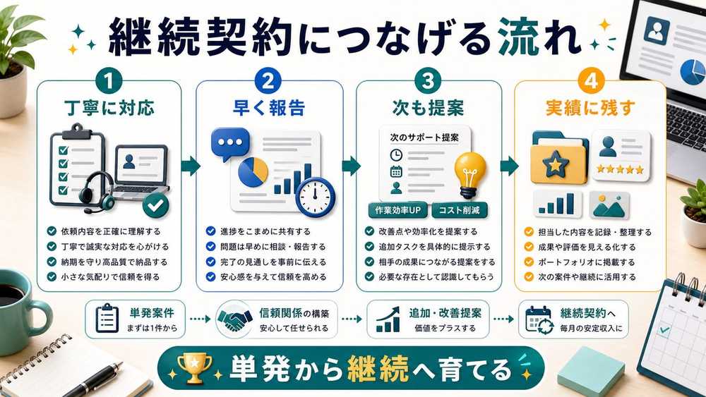 AI事務代行案件を継続契約につなげる流れを説明する図解