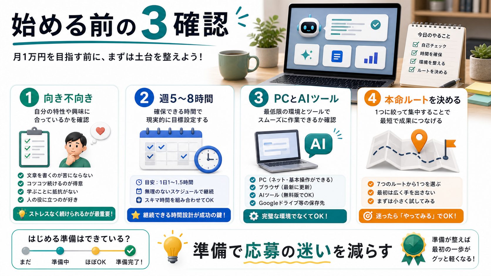 AI副業で月1万円を目指す前に確認する3つのことを説明する図