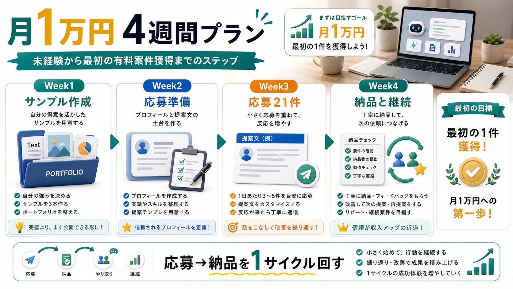 AI副業で月1万円を目指す4週間ロードマップを説明する図