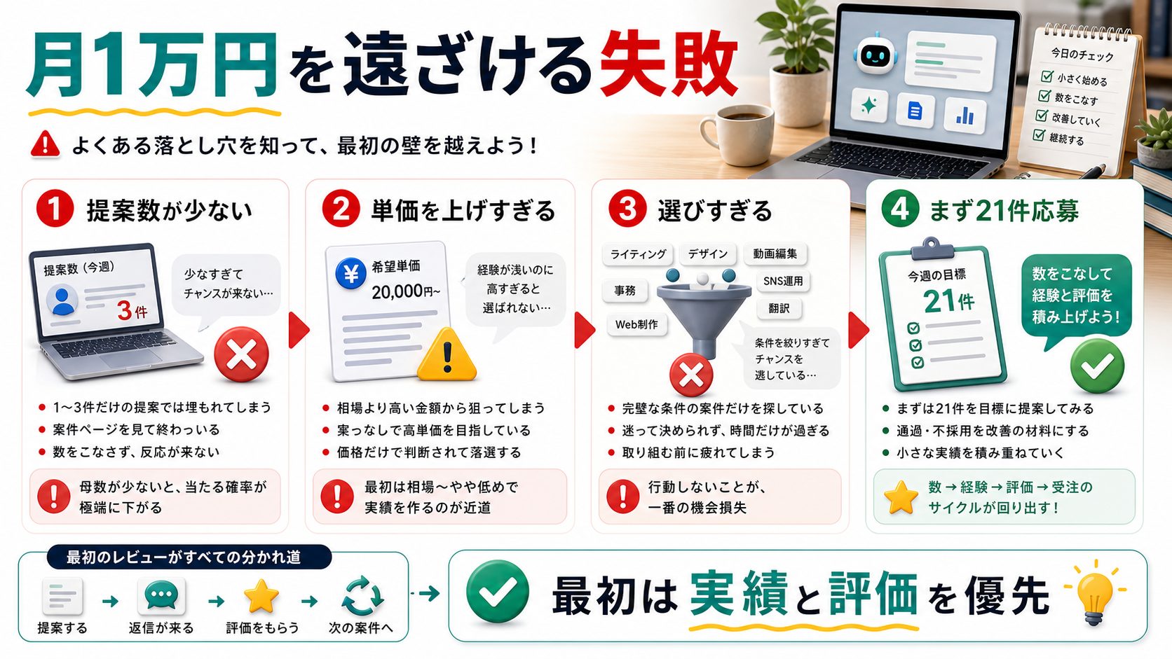 AI副業で月1万円を遠ざける典型的な失敗を説明する図