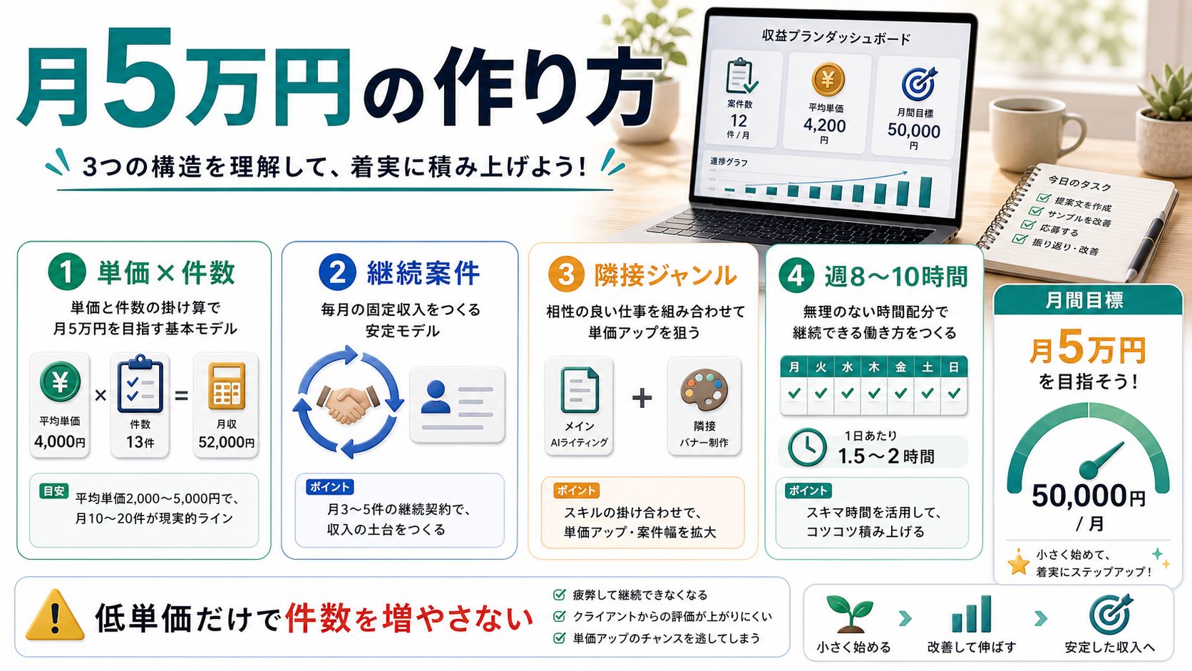 AI副業で月5万円を作る収入構造を整理した図