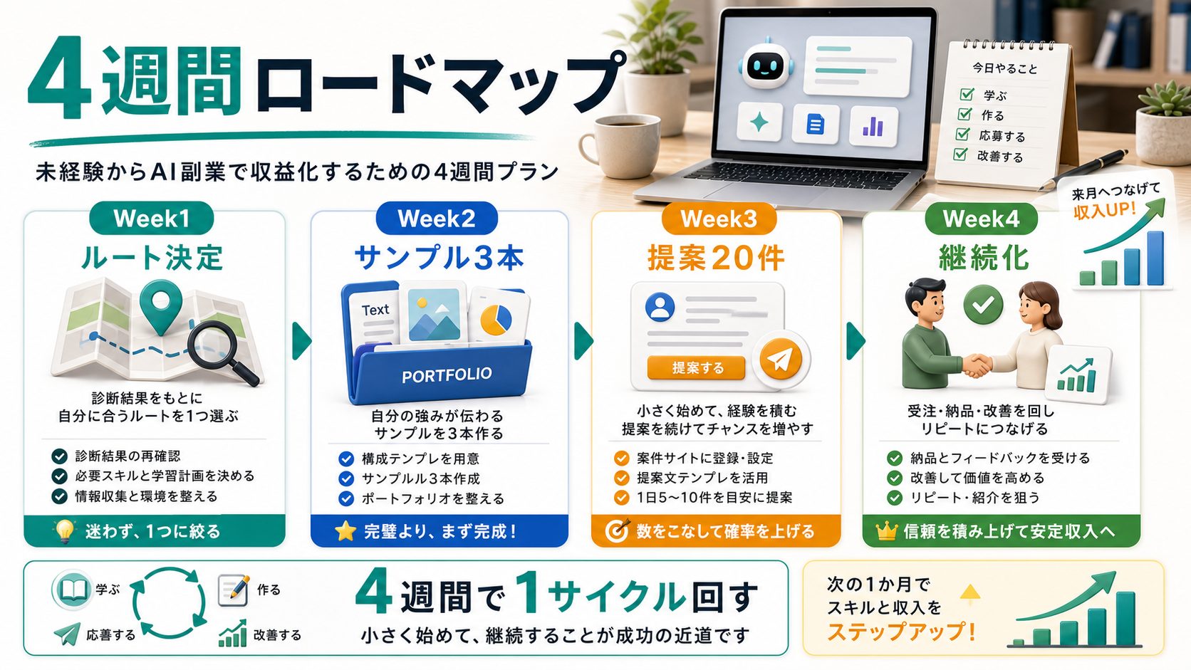 AI副業で月5万円を目指す4週間ロードマップを説明する図