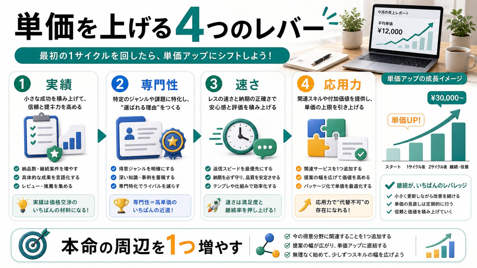 AI副業の単価を上げる4つのレバーを整理した図