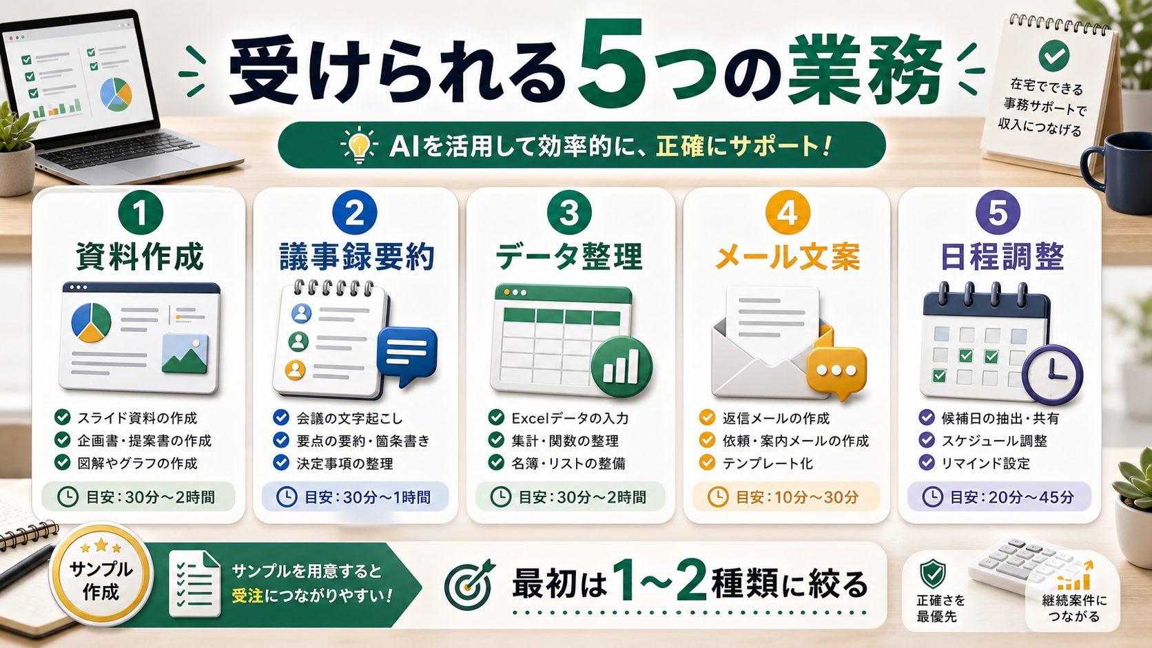 AI事務代行で受けられる5つの業務を説明する図