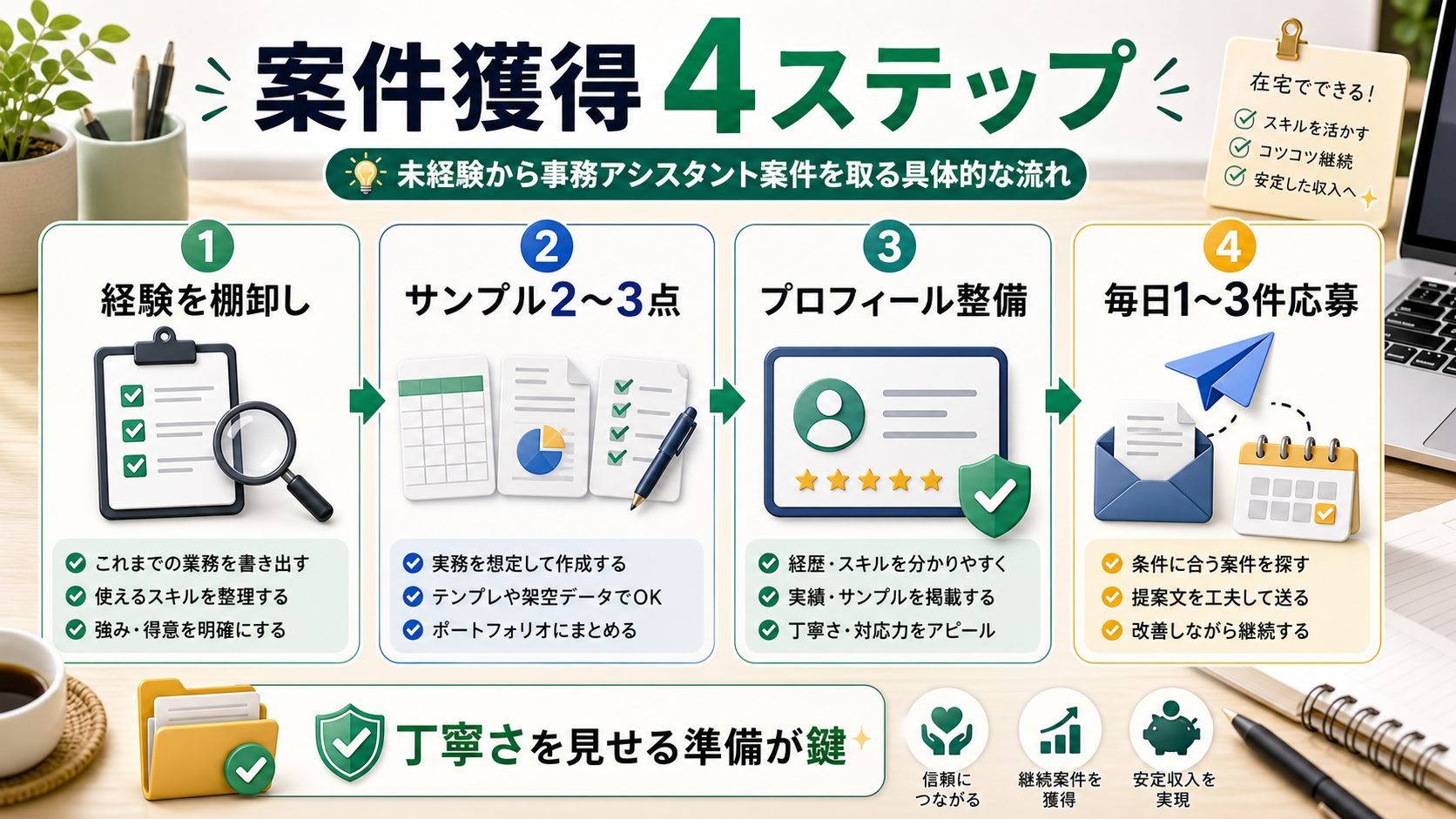 AI事務代行で未経験から案件を取る4つのステップを説明する図