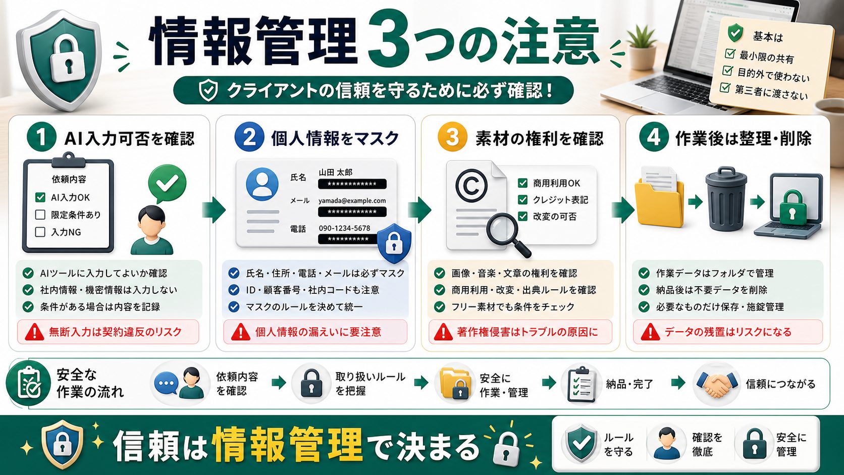 AI事務代行で秘密情報と著作権を扱うときの3つの注意を説明する図