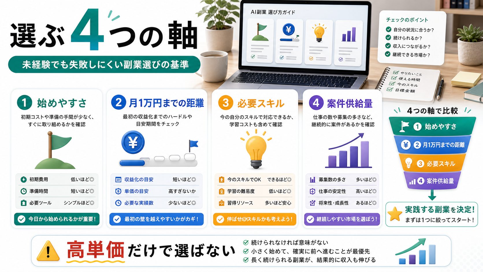 未経験向けAI副業を選ぶ4つの軸を整理した図