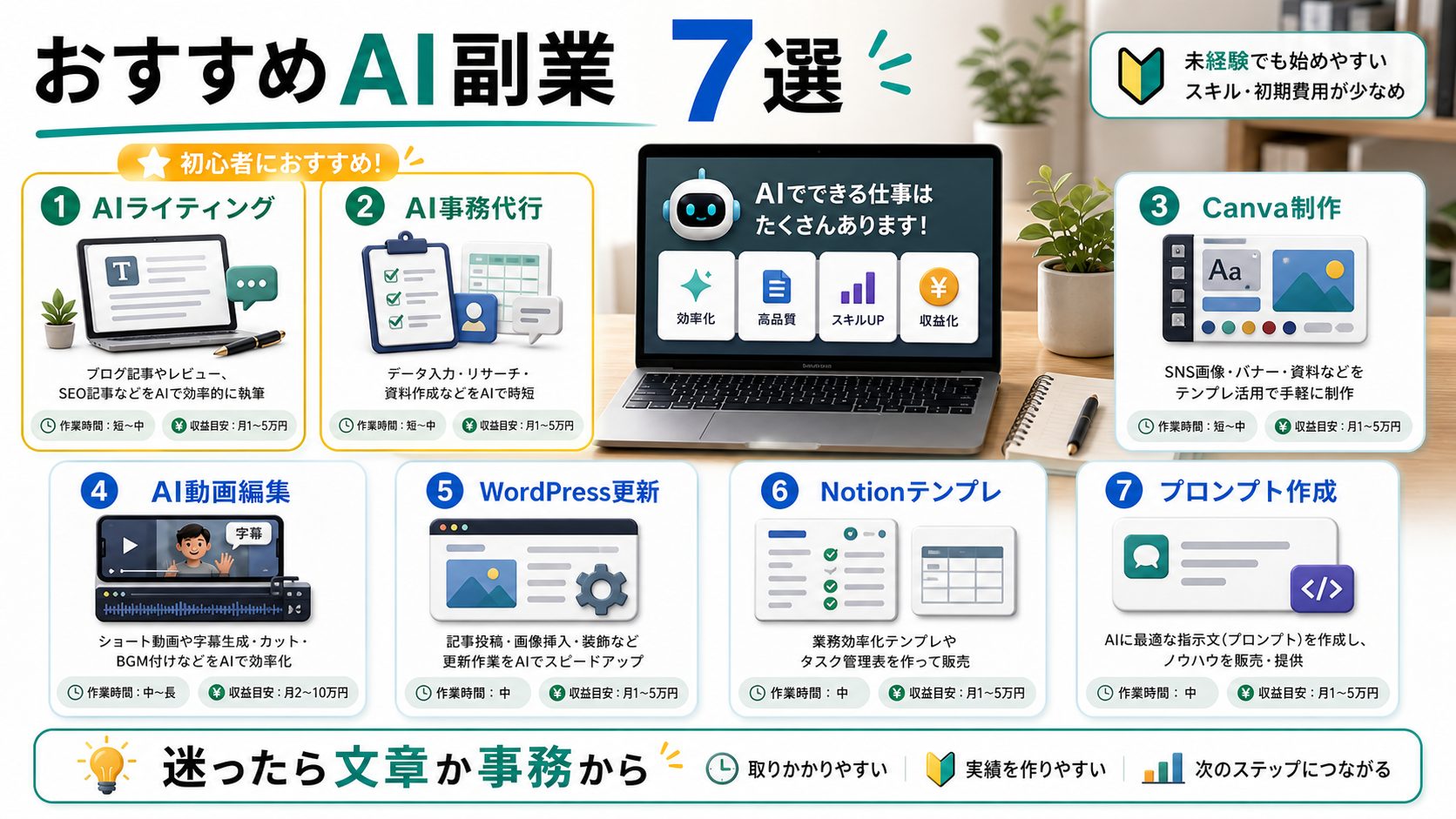 未経験におすすめのAI副業7選を一覧化した図