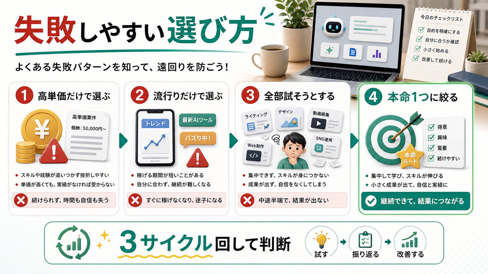 AI副業で失敗しやすい選び方と本命を絞る考え方を説明する図