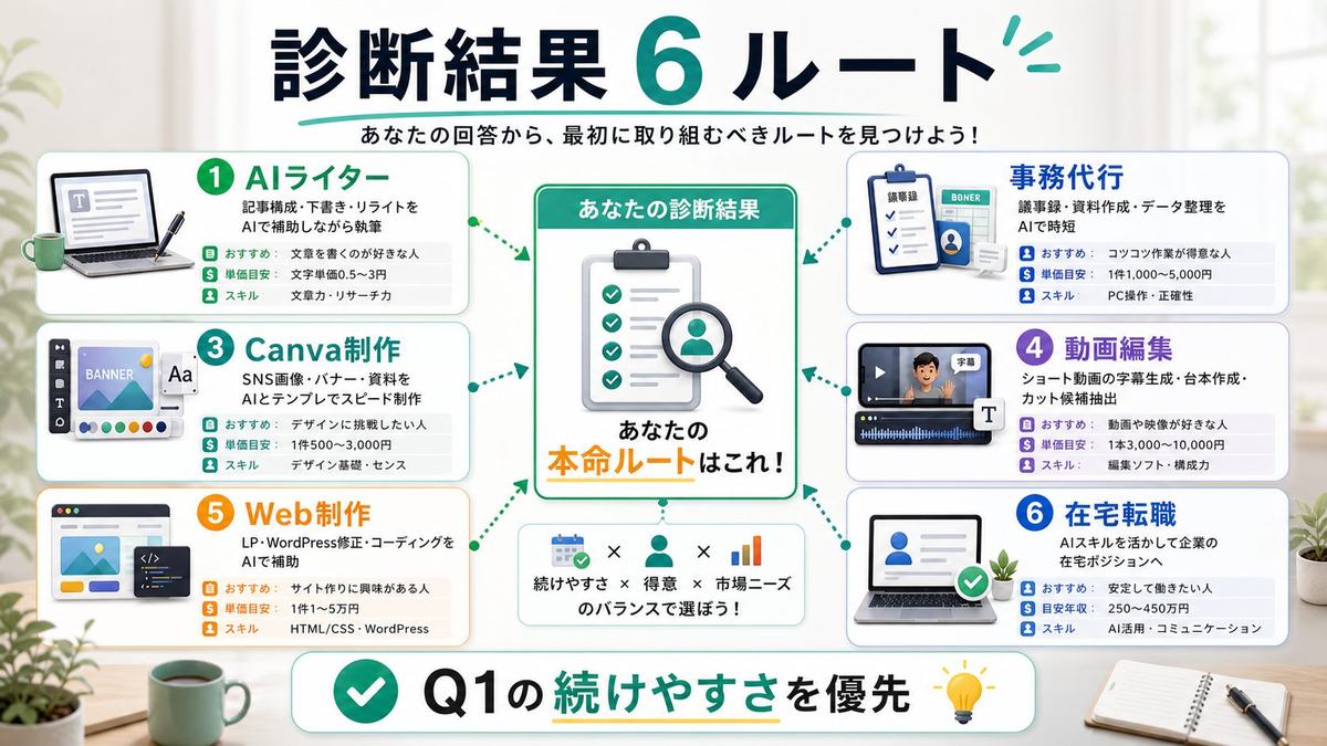 AI副業診断の6つのルートを整理した図