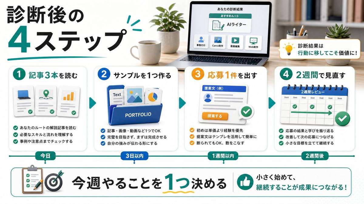 AI副業診断後に行動へ移す4ステップを説明する図