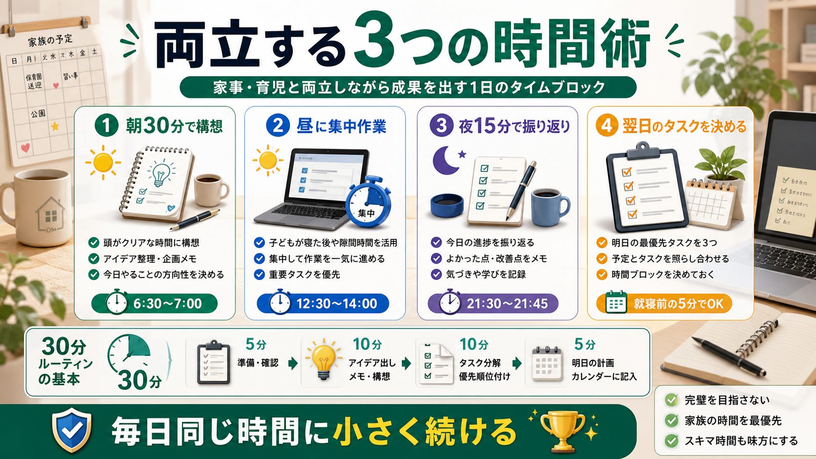 家事と育児をしながらAI在宅ワークを続ける3つの時間術を説明する図