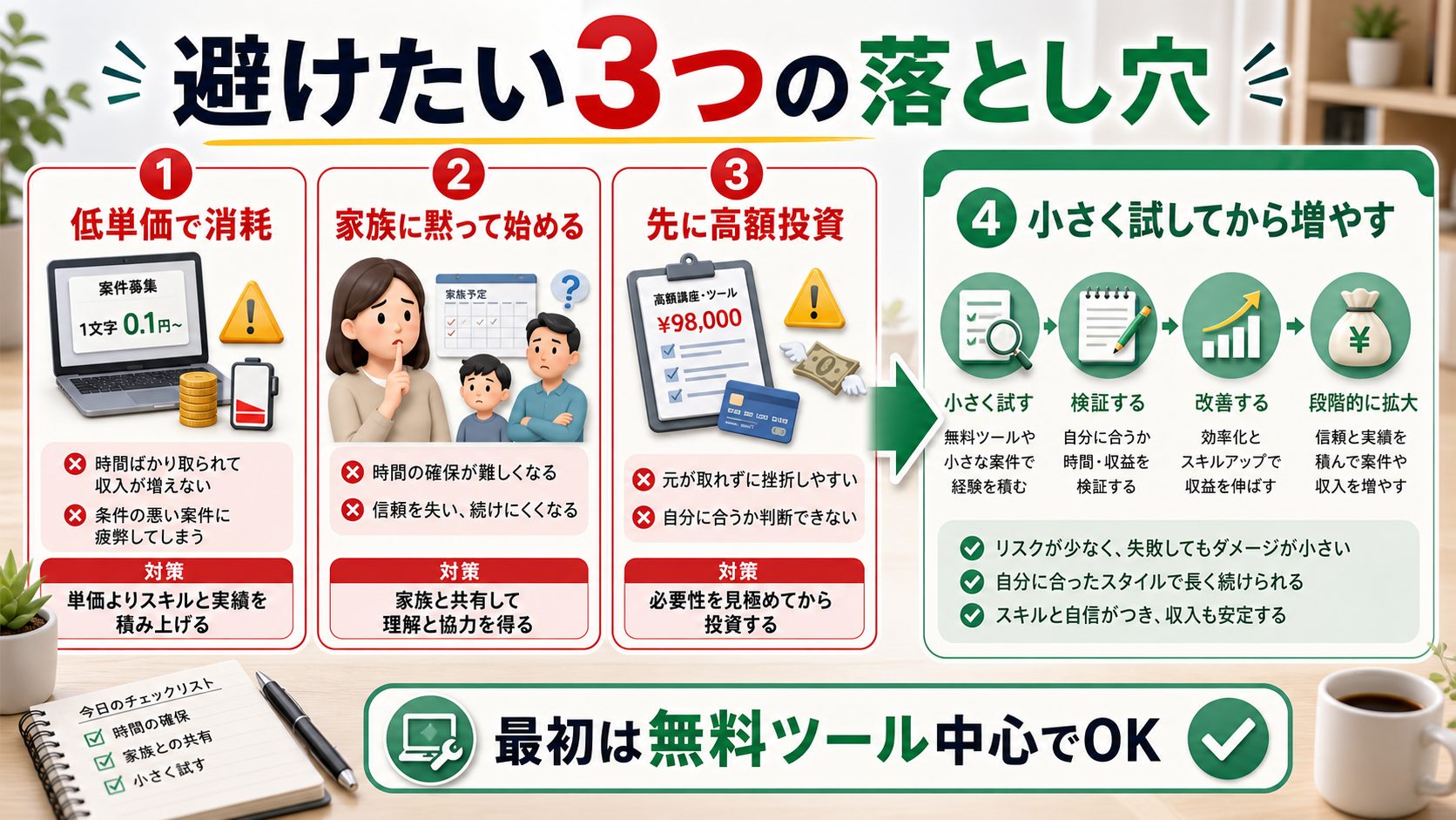 主婦・主夫向けAI在宅ワークで避けたい3つの落とし穴を説明する図