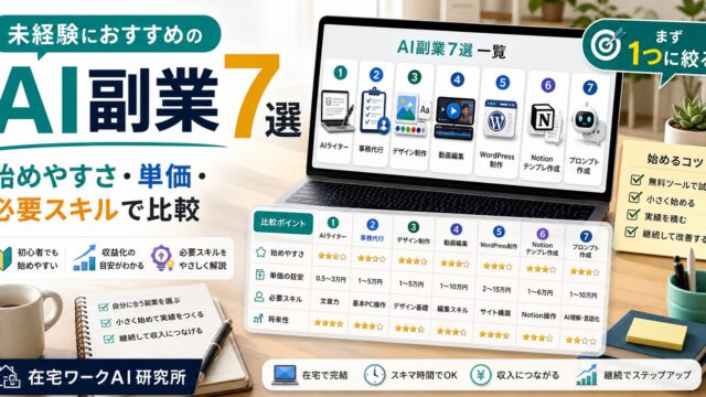 未経験におすすめのAI副業7選を比較する在宅ワークAI研究所のアイキャッチ画像