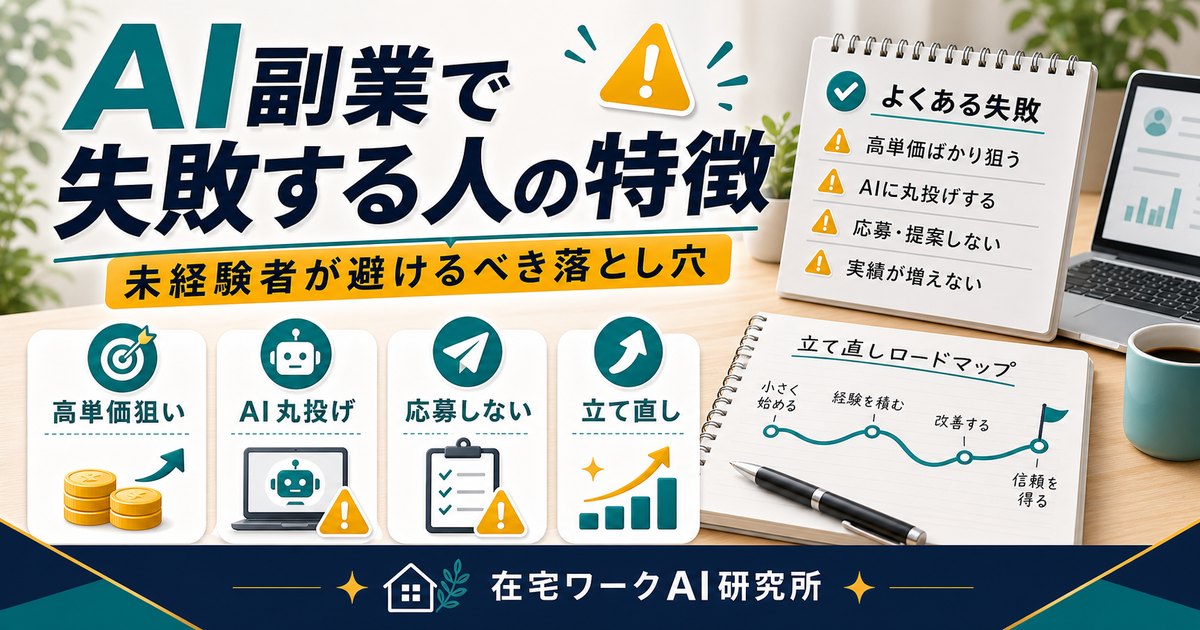 AI副業で失敗する人の特徴を説明する在宅ワークAI研究所のアイキャッチ画像