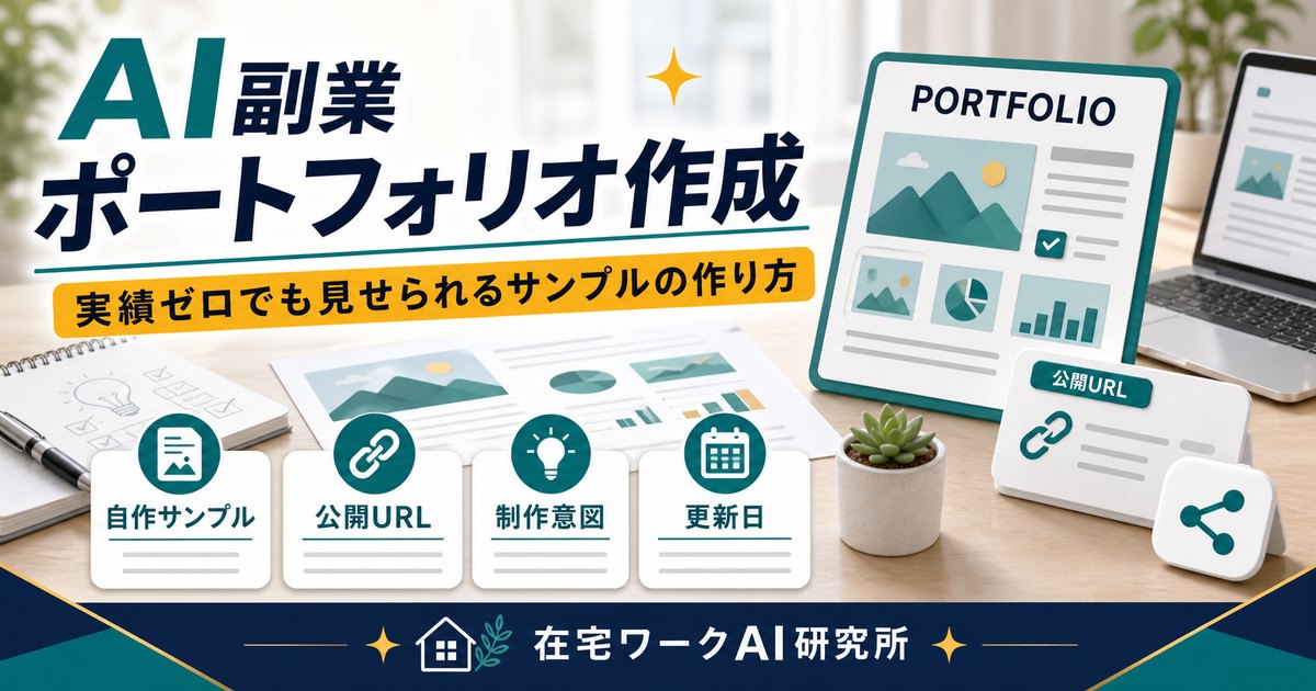 AI副業ポートフォリオ作成を説明する在宅ワークAI研究所のアイキャッチ画像