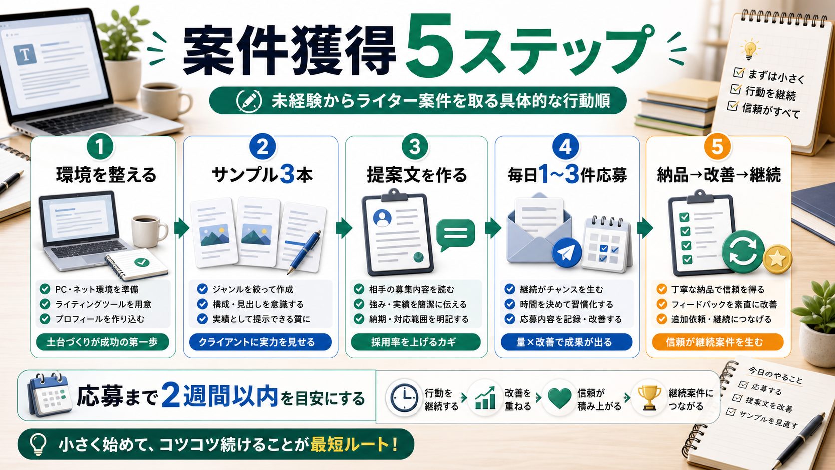 AIライター副業で未経験から案件を取る5つのステップを説明する図