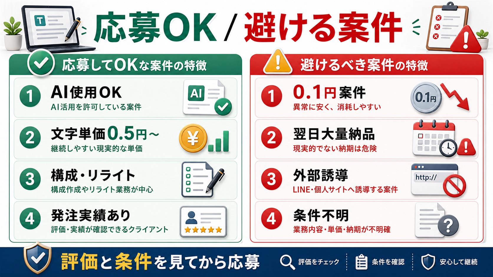 AIライター初心者が応募してよい案件と避けるべき案件を説明する図