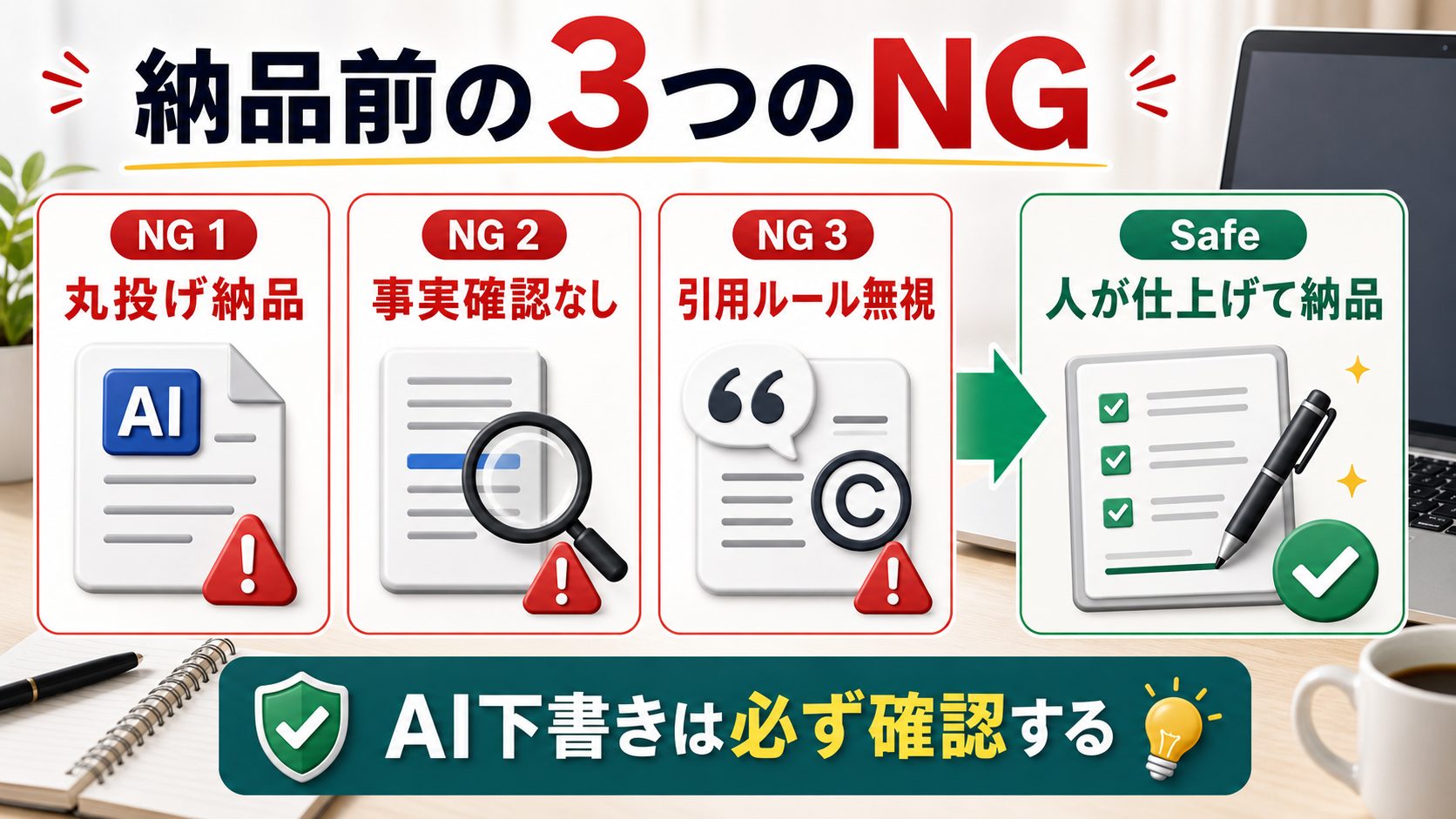 AI生成文を納品する時に避けたい3つのNGを説明する図