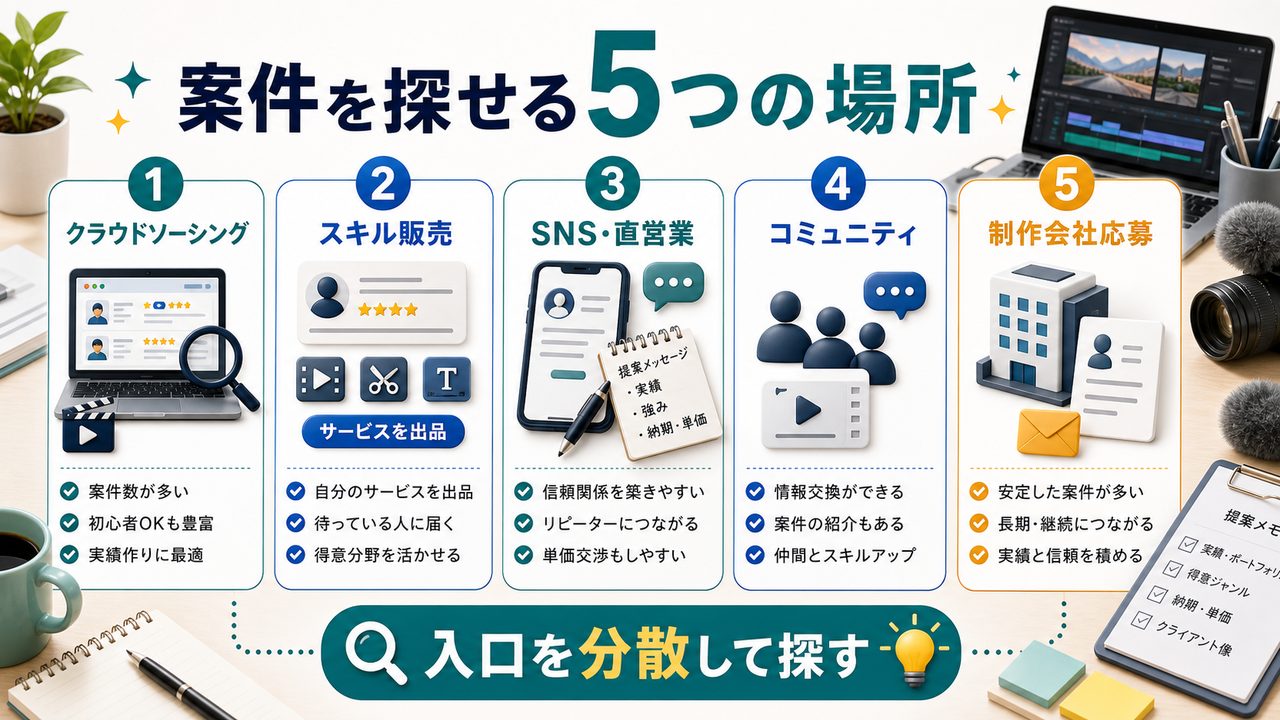 AI動画編集案件を探せる5つの場所を説明する図解