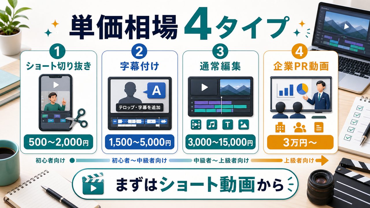 AI動画編集案件タイプ別の単価相場を説明する図解