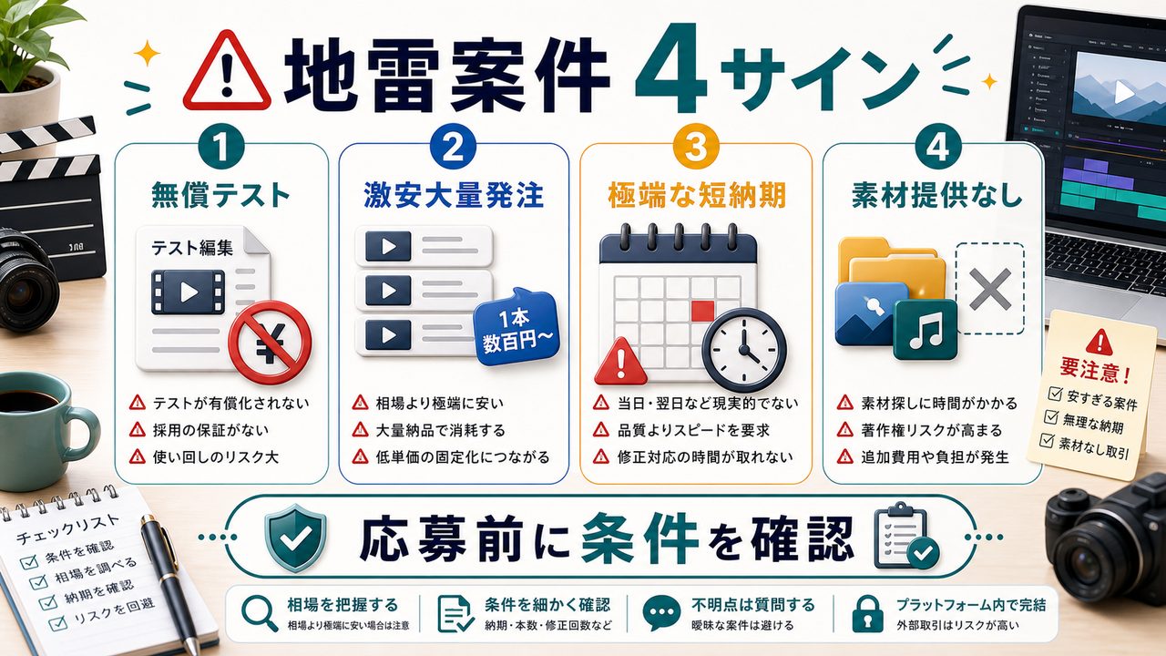 AI動画編集で避けるべき地雷案件の4サインを説明する図解