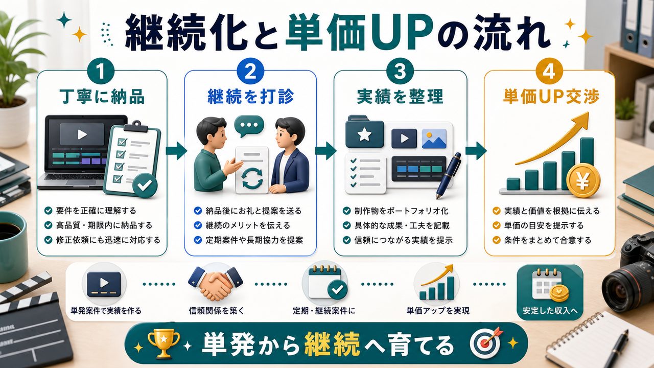 AI動画編集案件を継続化して単価を上げる流れを説明する図解
