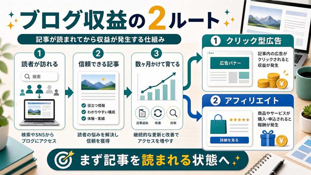 AIブログ副業の収益の仕組みを説明する図解