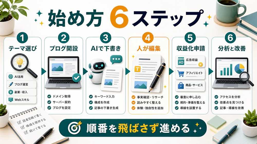 AIブログ副業の始め方6ステップを説明する図解