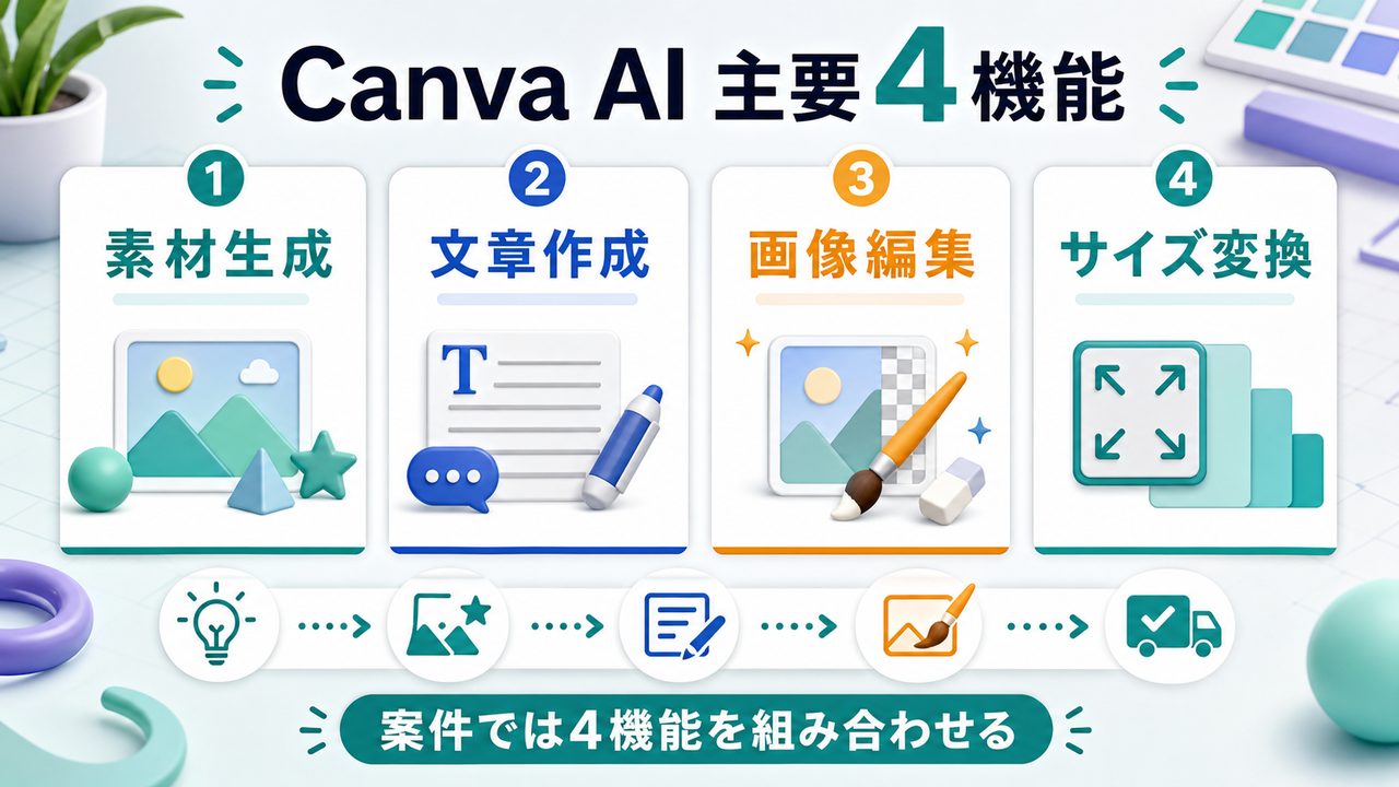 Canva AIの主要4機能を説明する図解