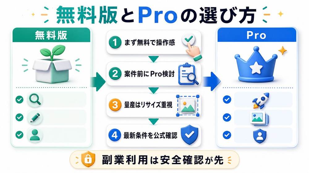 Canva AIの無料版とProの選び方を説明する図解