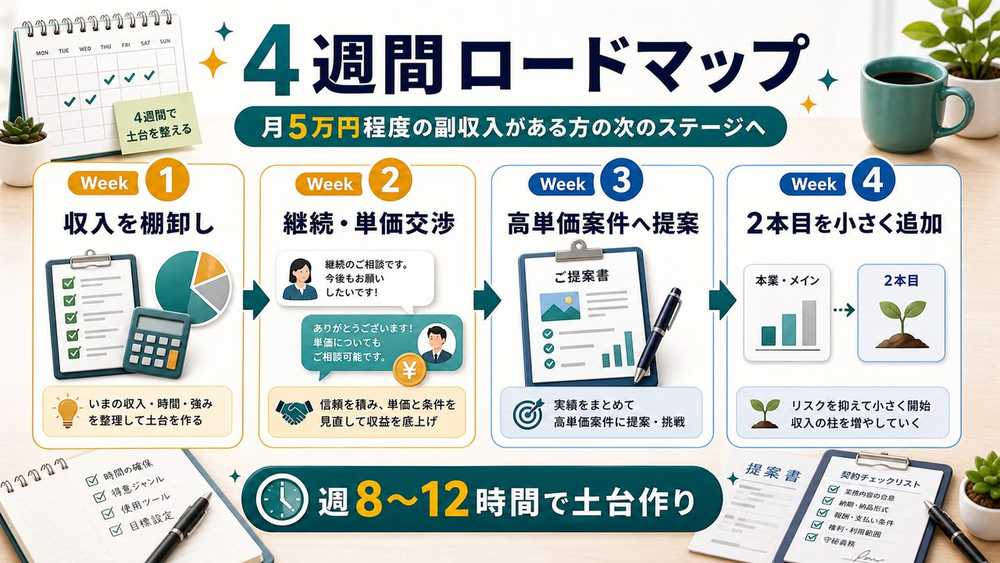 AI副業で月10万円の土台を作る4週間ロードマップの図解