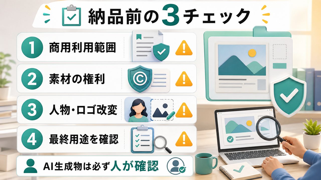 Canva AIで納品前に確認する注意点を説明する図解