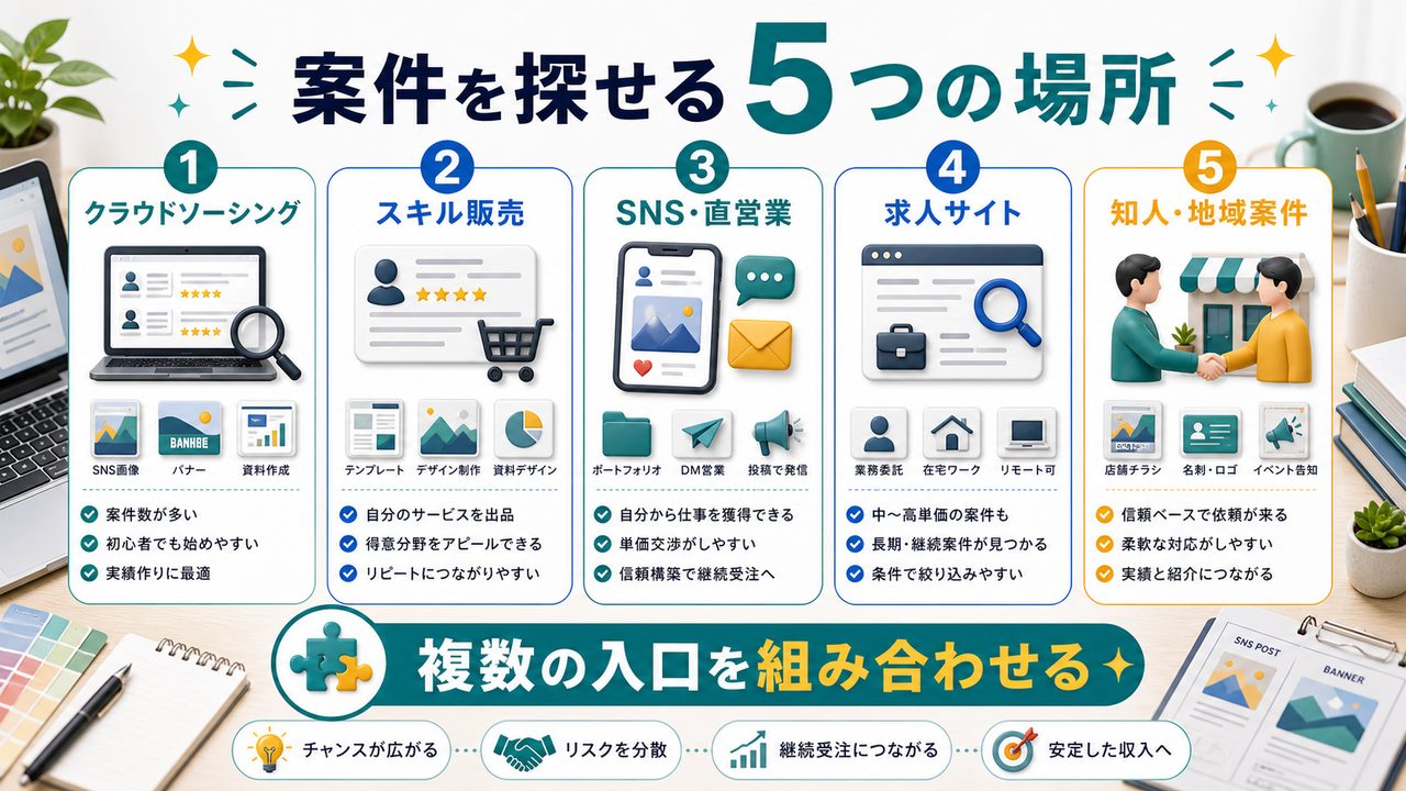 Canva副業の案件を探せる5つの場所を説明する図解