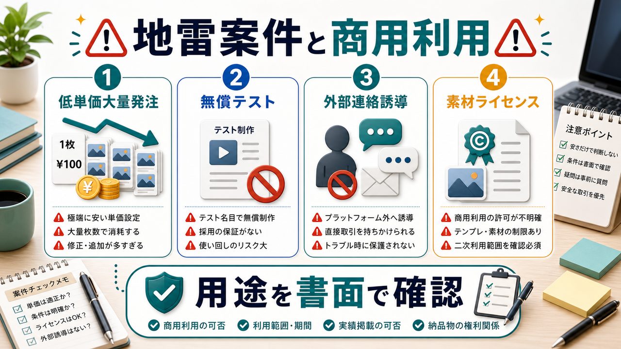 Canva副業の地雷案件と商用利用の注意点を説明する図解