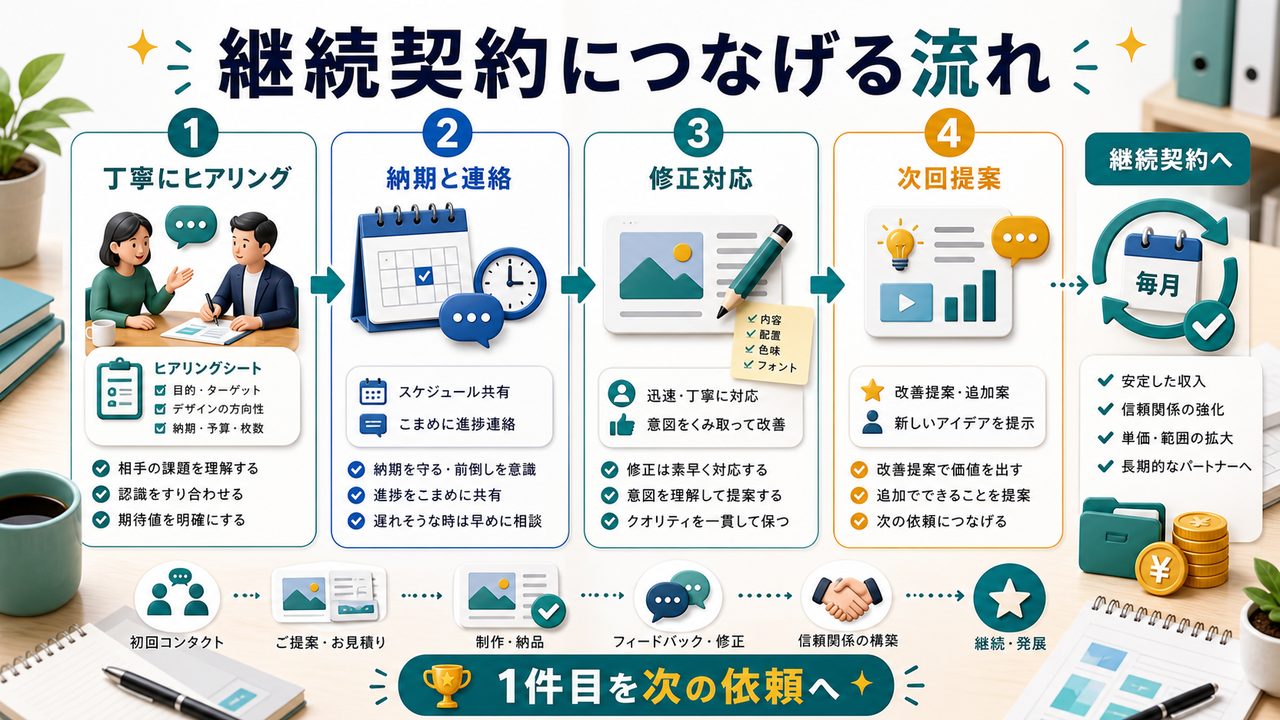 Canva副業の案件を継続契約につなげる流れを説明する図解