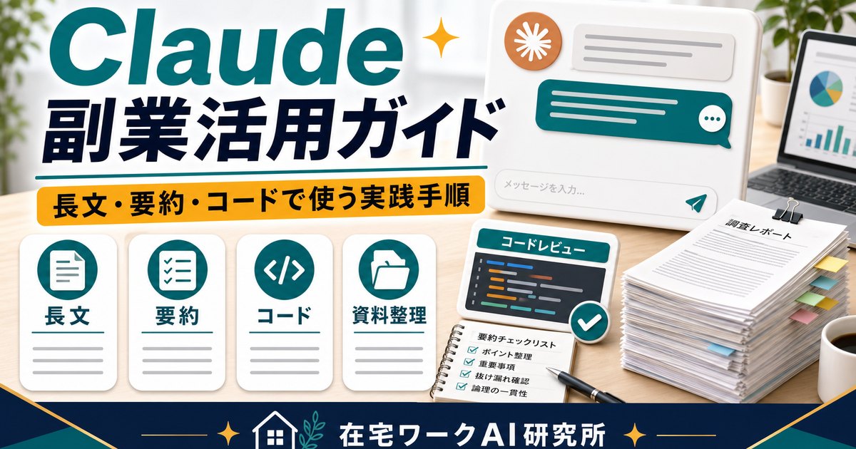 Claude副業活用ガイドを説明する在宅ワークAI研究所のアイキャッチ画像
