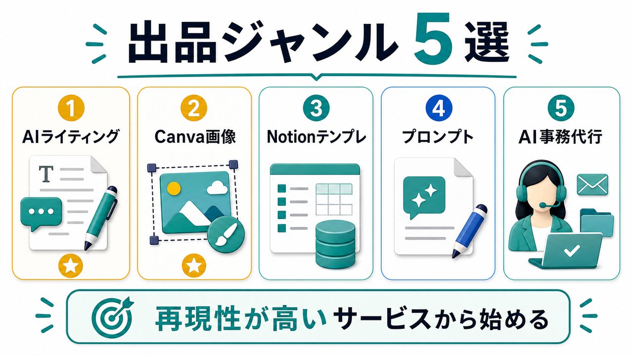 ココナラでAI副業者に向いている5つの出品ジャンルを説明する図