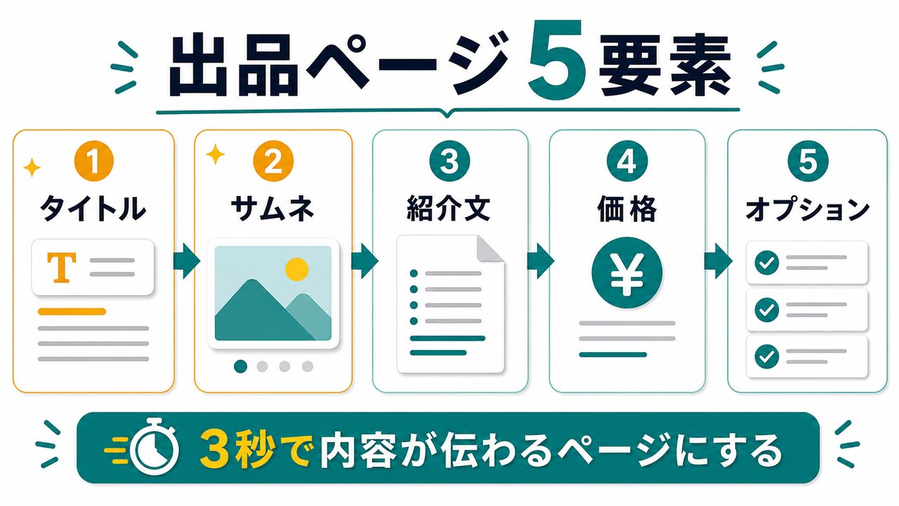 ココナラの出品ページを作る5要素を説明する図