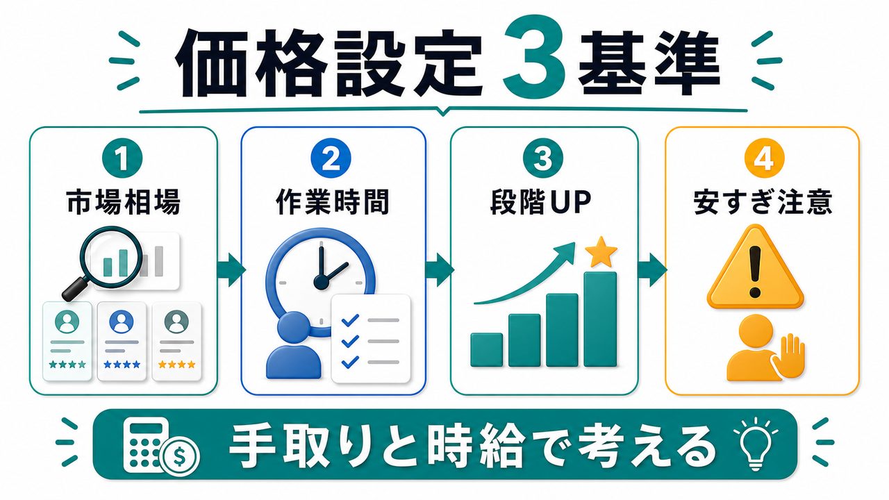 ココナラ初心者が価格設定で見るべき市場相場・作業時間・段階アップを説明する図