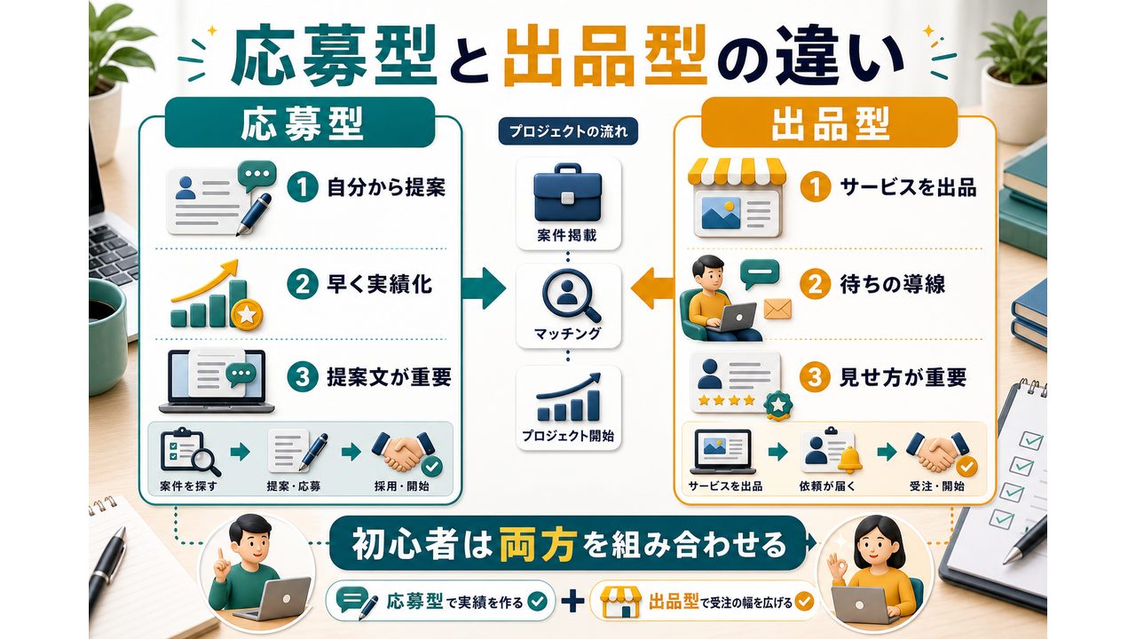 クラウドソーシングの応募型と出品型の違いを説明する図解