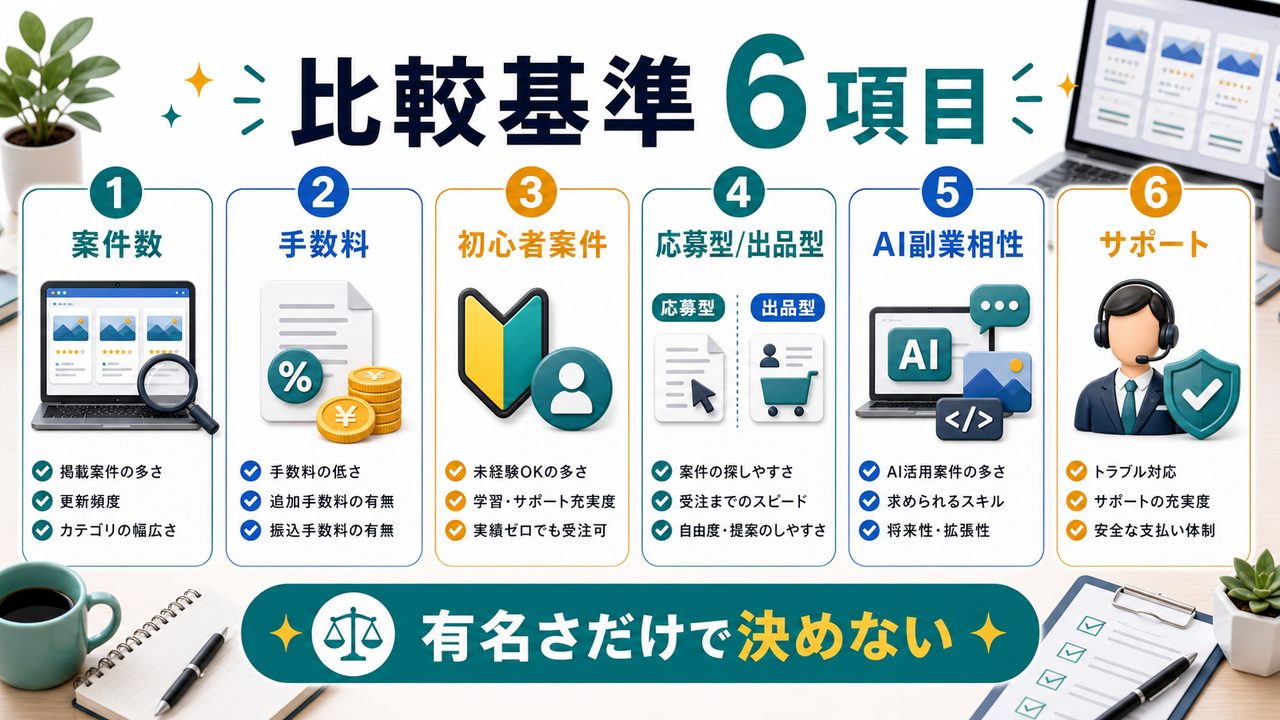 クラウドソーシングサービス選びの6つの比較基準を説明する図解