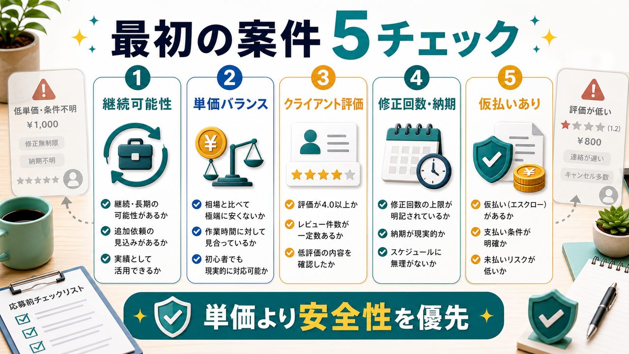クラウドソーシングで最初に応募する案件の選び方を説明する図解