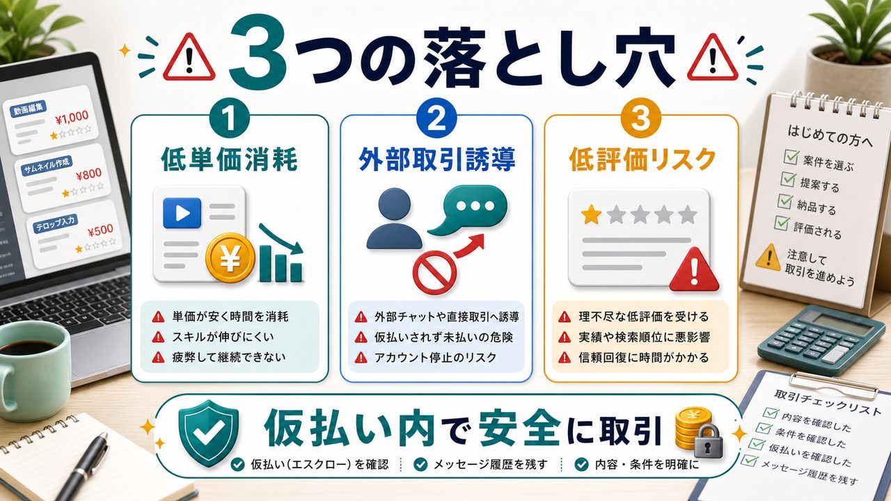 クラウドソーシング初心者が避けたい3つの落とし穴を説明する図解