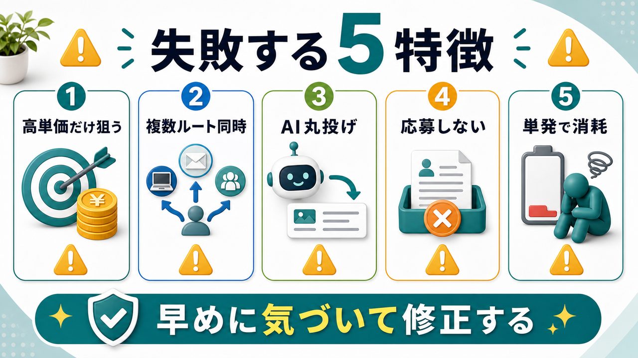 AI副業で失敗する人の5つの特徴を説明する図解