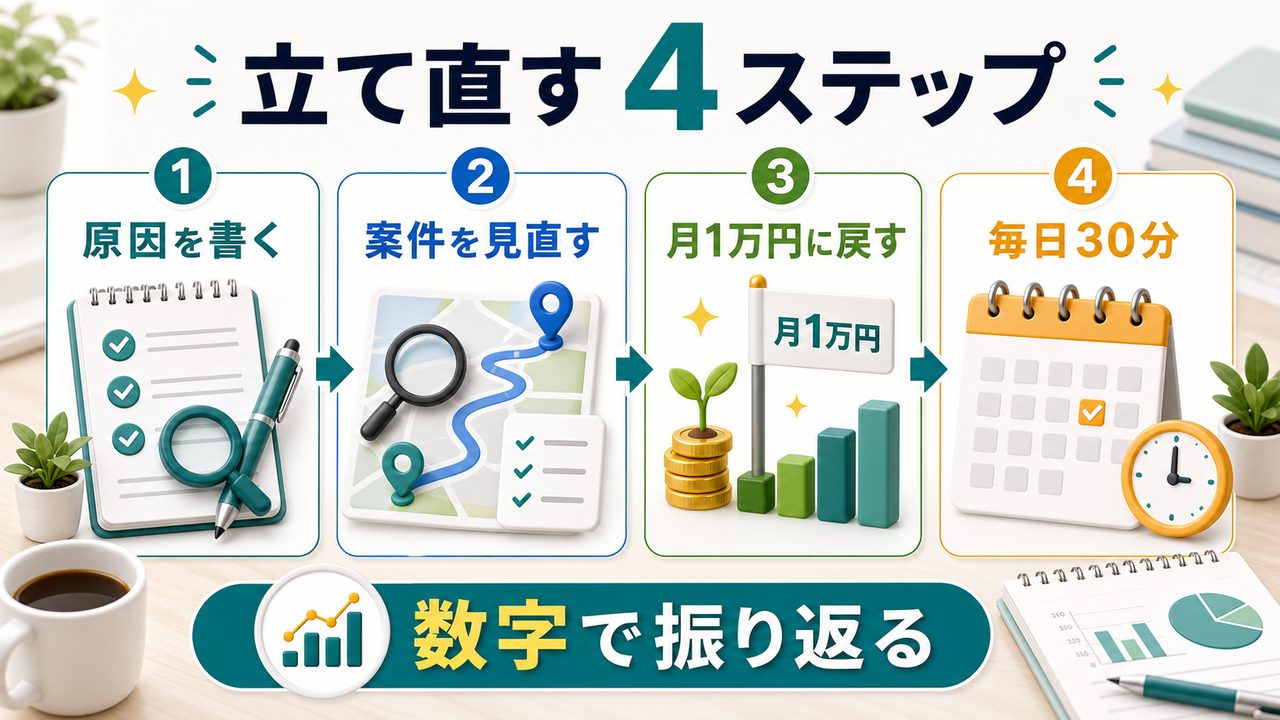 AI副業の失敗から立て直す4ステップを説明する図解