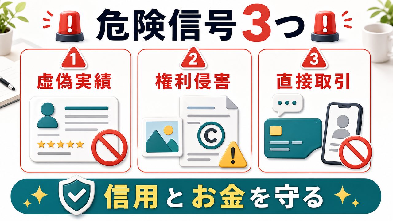 AI副業で避けるべき危険信号3つを説明する図解