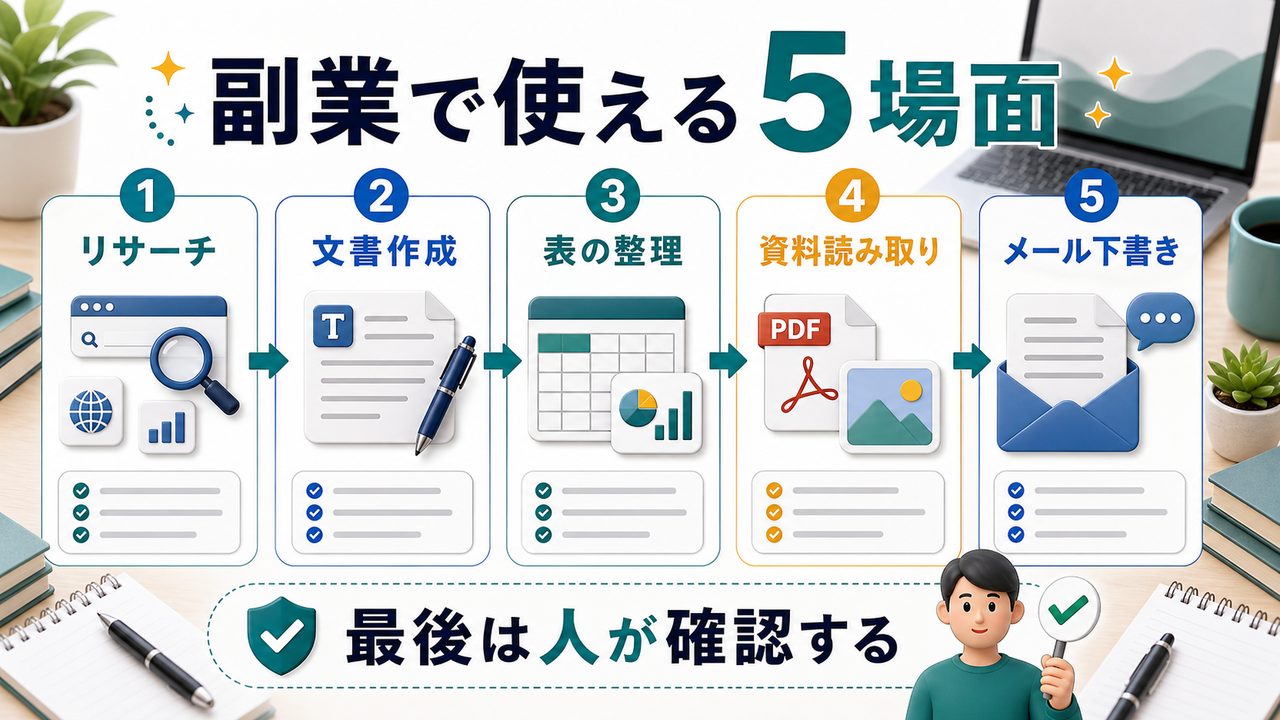 Geminiを副業に活かせる5つの場面を説明する図解